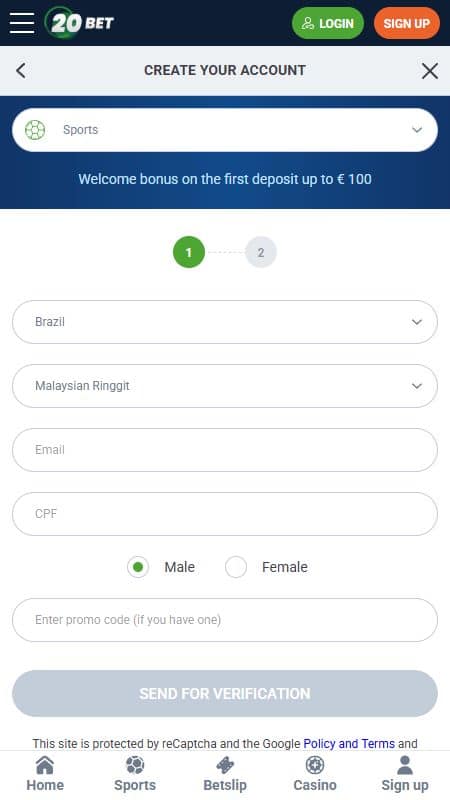 20bet registration step 1