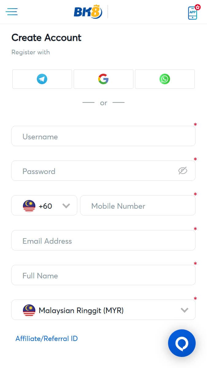BK8 registration form