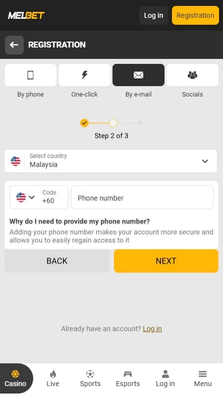 MelBet registration by email step 2