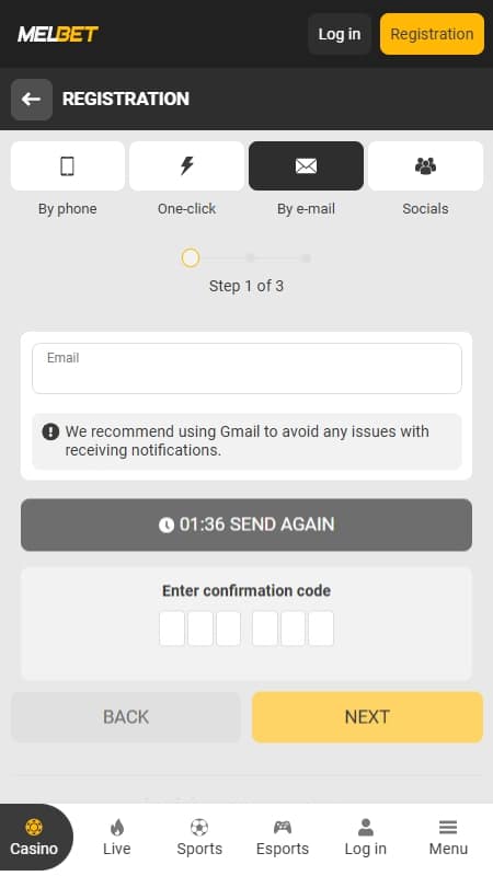 MelBet registration by email