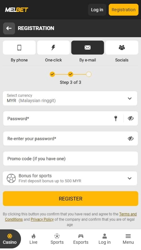 MelBet registration by email step 3