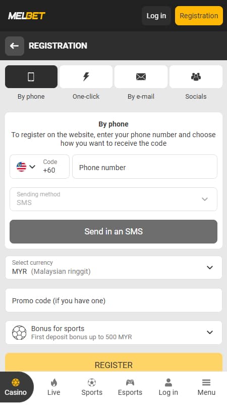 MelBet registration by phone