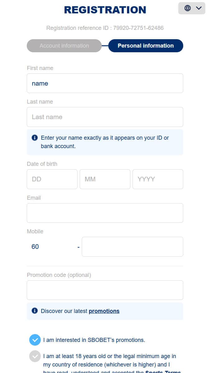 22Bet registration step 1