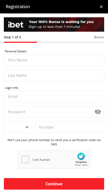 iBet registration form