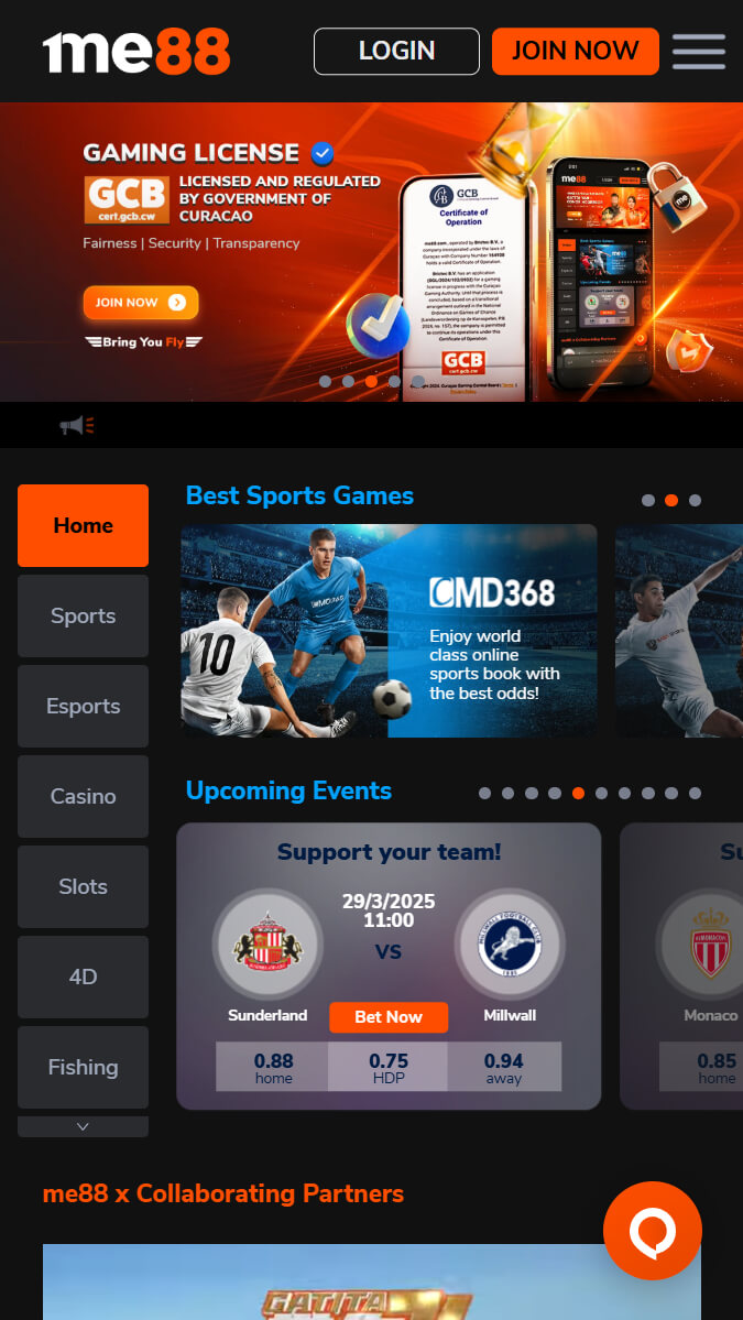 Homepage of me88 bookmaker website