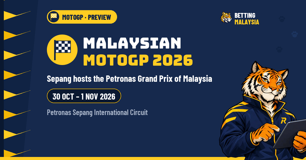 Malaysian MotoGP 2026 · Sepang hosts the Petronas Grand Prix of Malaysia · 30 Oct – 1 Nov 2026 · Petronas Sepang International Circuit — Betting Malaysia news cover