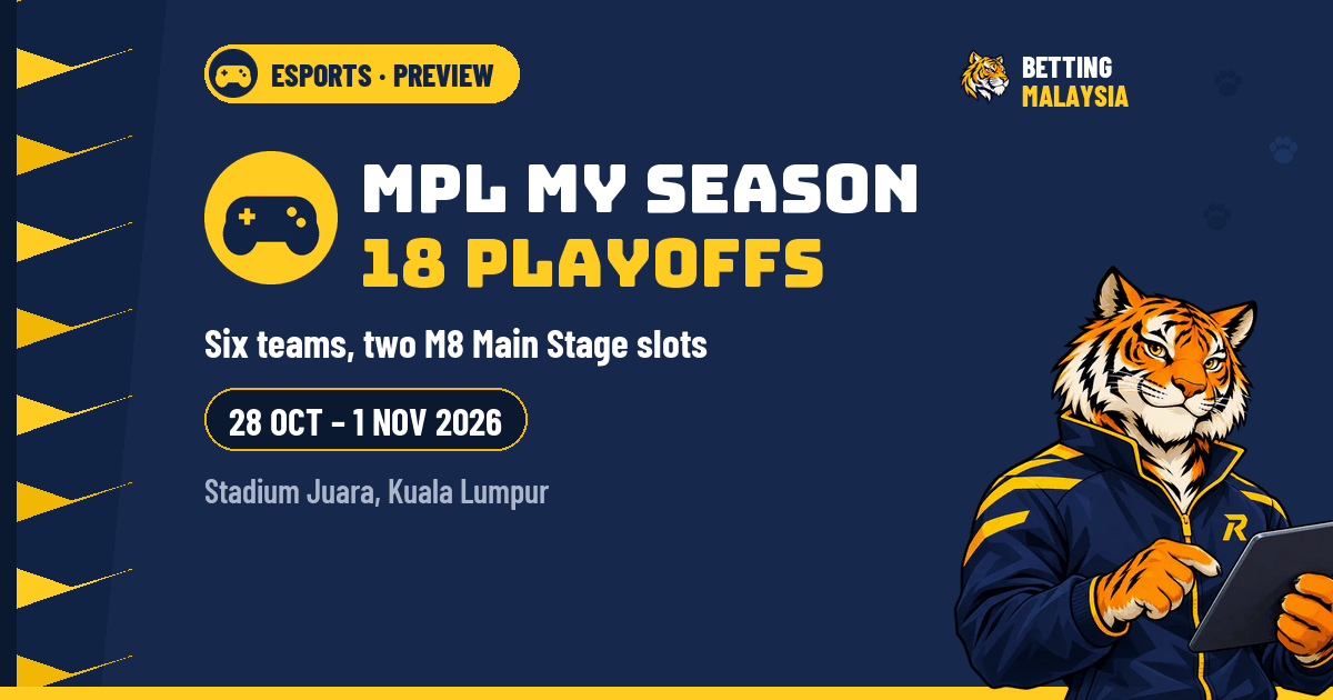 MPL MY Season 18 playoffs · Six teams, two M8 Main Stage slots · 28 Oct – 1 Nov 2026 · Stadium Juara, Kuala Lumpur — Betting Malaysia news cover