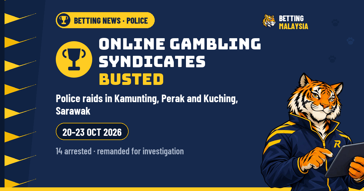 Online gambling syndicates busted · Police raids in Kamunting, Perak and Kuching, Sarawak · 20–23 Oct 2026 — Betting Malaysia news cover