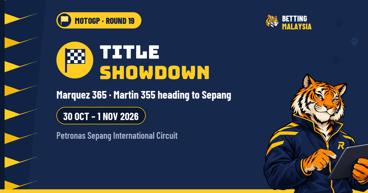 MotoGP title showdown · Marquez 365 · Martin 355 heading to Sepang · 30 Oct – 1 Nov 2026 · Petronas Sepang International Circuit — Betting Malaysia news cover