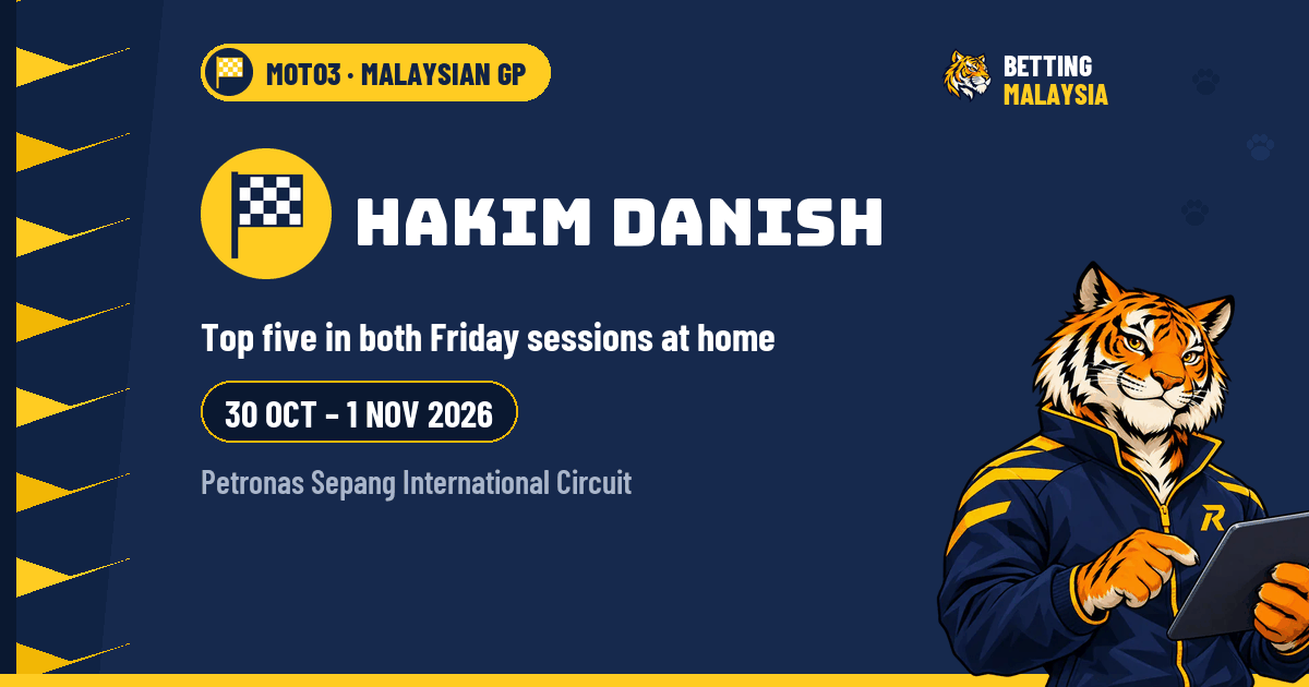 Hakim Danish · Top five in both Friday sessions at home · 30 Oct – 1 Nov 2026 · Petronas Sepang International Circuit — Betting Malaysia news cover
