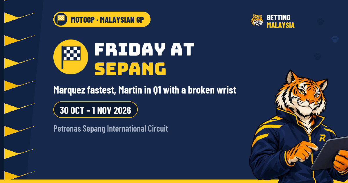 Friday at Sepang · Marquez fastest, Martin in Q1 with a broken wrist · 30 Oct – 1 Nov 2026 · Petronas Sepang International Circuit — Betting Malaysia news cover