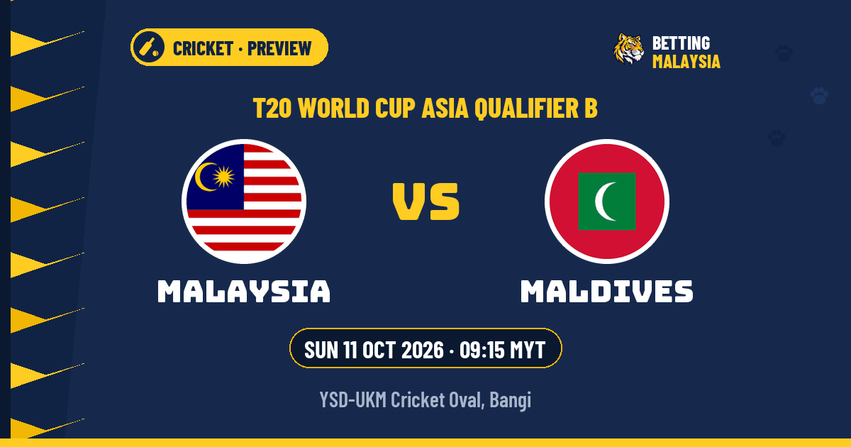 Malaysia vs Maldives · T20 World Cup Asia Qualifier B · Sun 11 Oct 2026 · 09:15 MYT · YSD-UKM Cricket Oval, Bangi — Betting Malaysia news cover