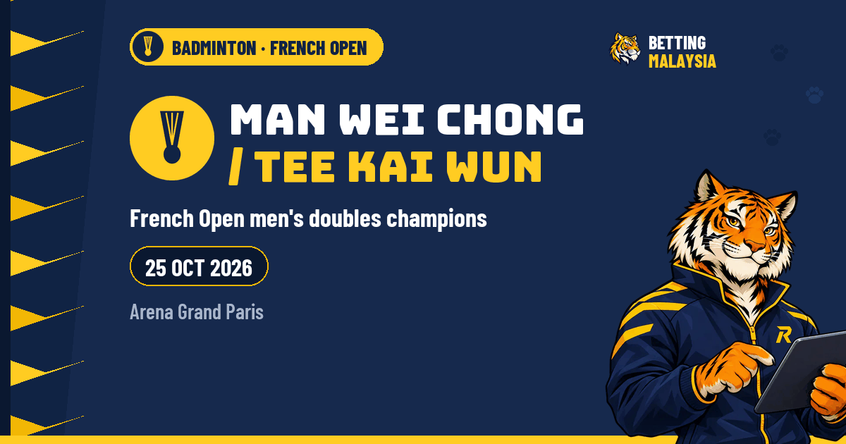 Man Wei Chong / Tee Kai Wun · Juara beregu lelaki Terbuka Perancis · 25 Okt 2026 · Arena Grand Paris — imej muka depan berita Betting Malaysia