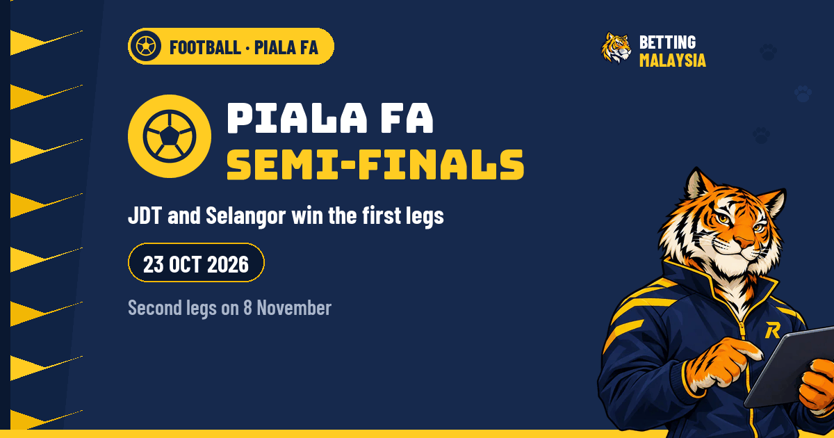 Separuh akhir Piala FA · JDT dan Selangor menang aksi pertama · 23 Okt 2026 · aksi kedua pada 8 November — imej muka depan berita Betting Malaysia
