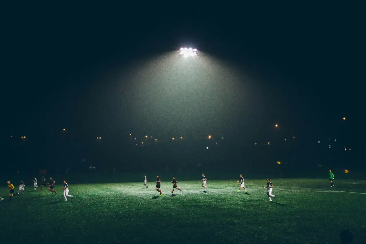 Floodlit stadium on matchday in Malaysia