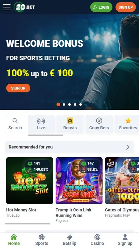 Ekran główny strony 20bet z widocznym formularzem logowania