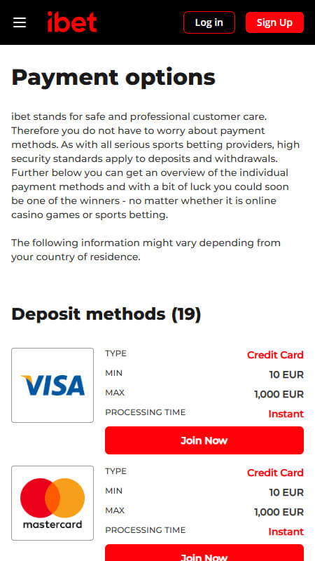 iBet payment methods