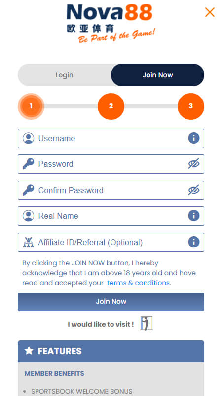 Nova88 registration form